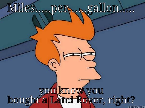 MILES.....PER......GALLON..... YOU KNOW YOU BOUGHT A LAND ROVER, RIGHT? Futurama Fry