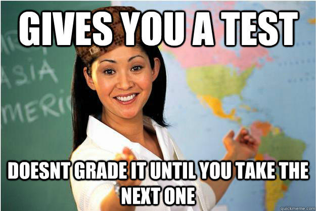 Gives you a test doesnt grade it until you take the next one  
