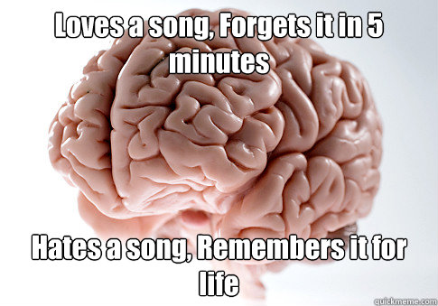 Loves a song, Forgets it in 5 minutes Hates a song, Remembers it for life  Scumbag Brain