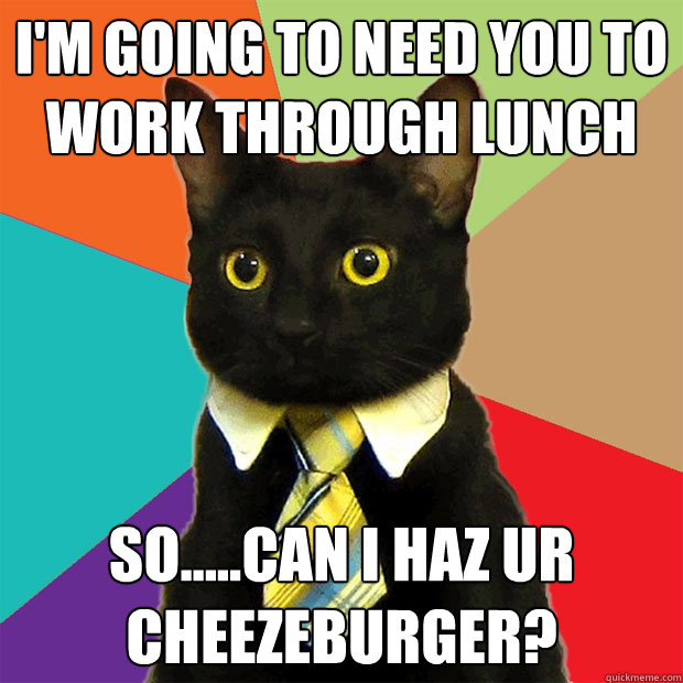 I'm going to need you to work through lunch So.....can I haz ur cheezeburger?  Business Cat