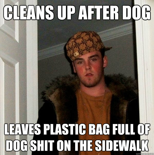 cleans up after dog leaves plastic bag full of dog shit on the sidewalk  Scumbag Steve