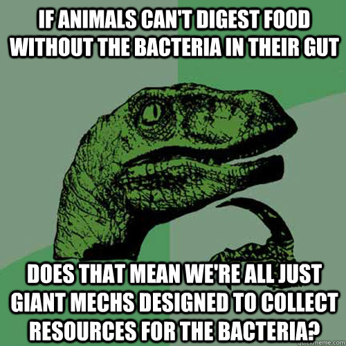 If animals can't digest food without the bacteria in their gut does that mean we're all just giant mechs designed to collect resources for the bacteria?  Philosoraptor