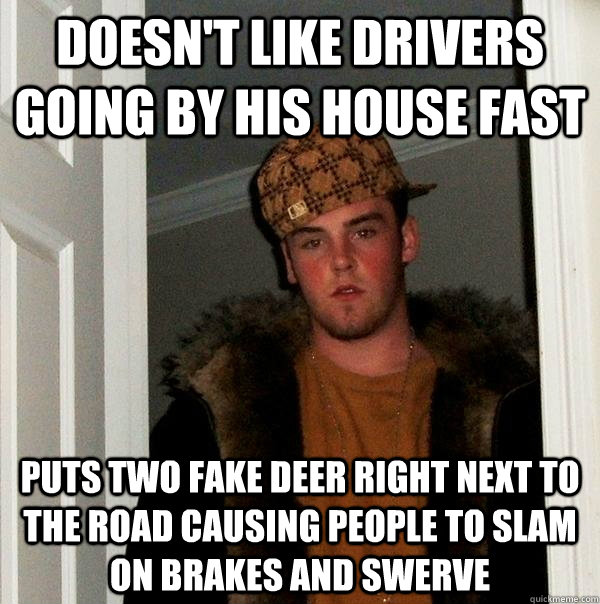 Doesn't like drivers going by his house fast Puts two fake deer right next to the road causing people to slam on brakes and swerve  Scumbag Steve