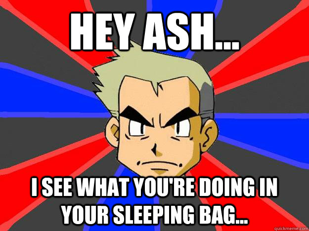 Hey ash... I see what you're doing in your sleeping bag...  Professor Oak