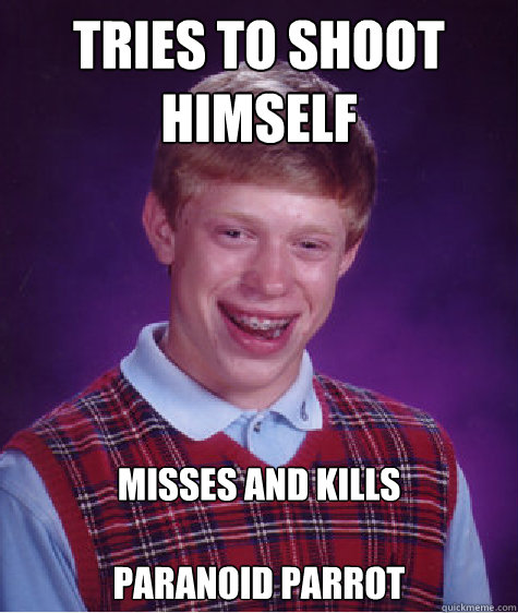 tries to shoot himself misses and kills

paranoid parrot   Bad Luck Brian