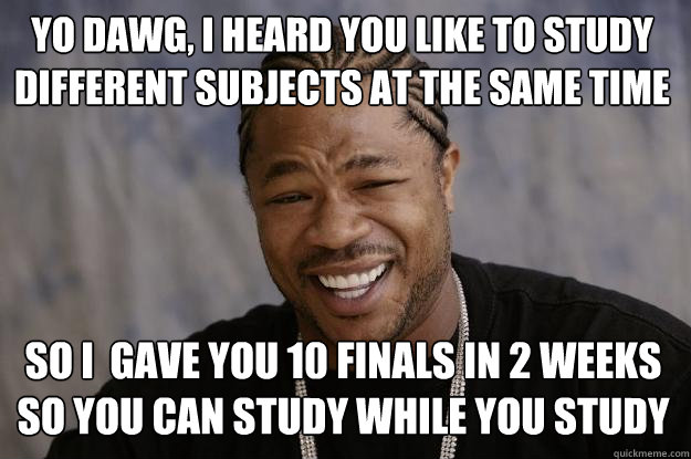 YO DAWG, I HEARD YOU LIKE TO STUDY DIFFERENT SUBJECTS AT THE SAME TIME SO I  GAVE YOU 10 FINALS IN 2 WEEKS SO YOU CAN STUDY WHILE YOU STUDY  Xzibit meme