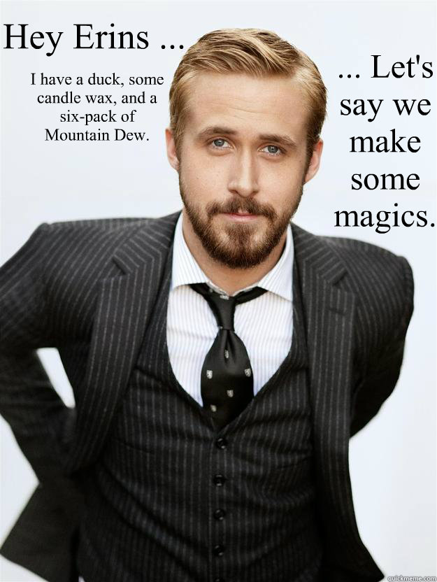 Hey Erins ... I have a duck, some candle wax, and a six-pack of Mountain Dew. ... Let's say we make some magics.  Feminist Ryan Gosling