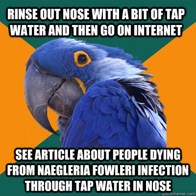 Rinse out nose with a bit of tap water and then go on internet See article about people dying from naegleria fowleri infection through tap water in nose - Rinse out nose with a bit of tap water and then go on internet See article about people dying from naegleria fowleri infection through tap water in nose  Paranoid Parrot