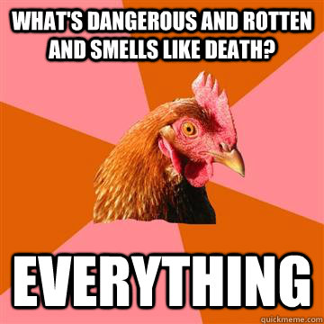 what's dangerous and rotten and smells like death? everything  Anti-Joke Chicken