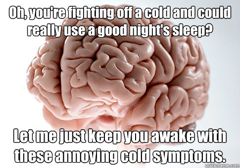 Oh, you're fighting off a cold and could really use a good night's sleep? Let me just keep you awake with these annoying cold symptoms.  Scumbag Brain