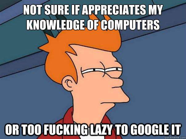 Not sure if appreciates my knowledge of computers or too fucking lazy to google it  Futurama Fry