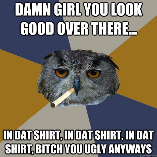 Damn Girl you Look Good over there... In dat shirt, in dat shirt, in dat shirt, Bitch you ugly anyways   Art Student Owl