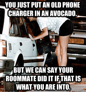 You just put an old phone charger in an avocado. But we can say your roommate did it if that is what you are into.  Karma Whore