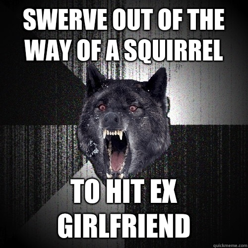 Swerve out of the way of a squirrel To hit ex girlfriend - Swerve out of the way of a squirrel To hit ex girlfriend  Insanity Wolf