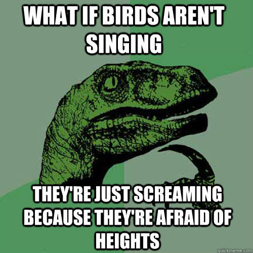 What if birds aren't singing  They're just screaming because they're afraid of heights  