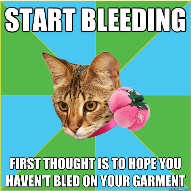 Start bleeding First thought is to hope you haven't bled on your garment - Start bleeding First thought is to hope you haven't bled on your garment  Fashion major cat