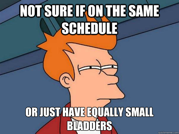 Not sure if on the same schedule Or just have equally small bladders  Futurama Fry