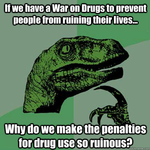 If we have a War on Drugs to prevent people from ruining their lives... Why do we make the penalties for drug use so ruinous?  Philosoraptor