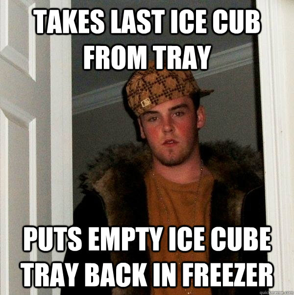 Takes last ice cub from tray Puts empty ice cube tray back in freezer  Scumbag Steve