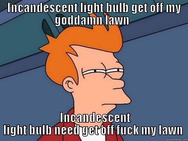  INCANDESCENT LIGHT BULB GET OFF MY GODDAMN LAWN    INCANDESCENT LIGHT BULB NEED GET OFF FUCK MY LAWN Futurama Fry