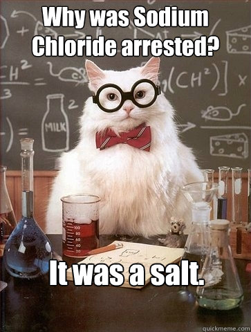 Why was Sodium Chloride arrested? It was a salt.  Chemistry Cat