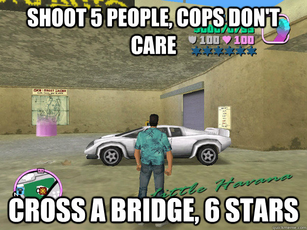shoot 5 people, cops don't care cross a bridge, 6 stars  