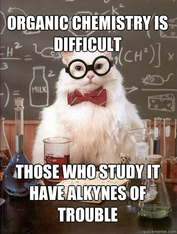 organic chemistry is difficult those who study it have alkynes of trouble  Chemistry Cat