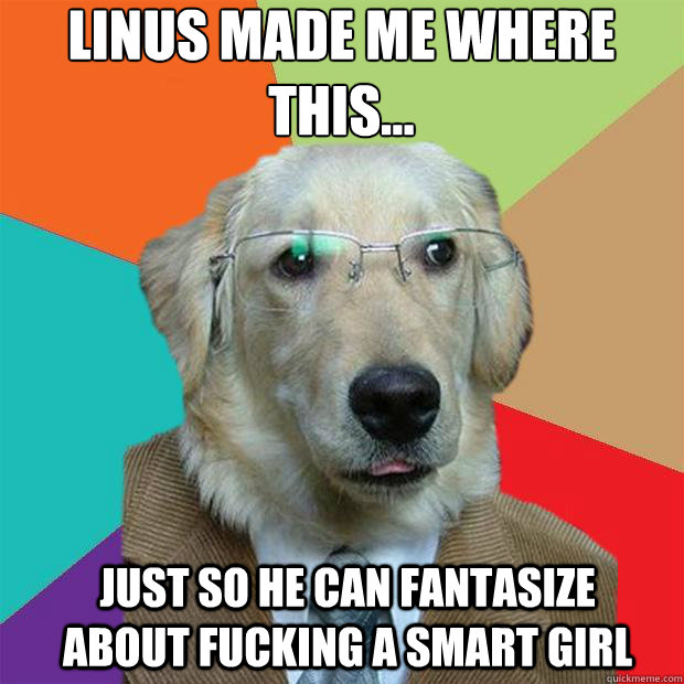 Linus made me where this...
 just so he can fantasize about fucking a smart girl   Business Dog