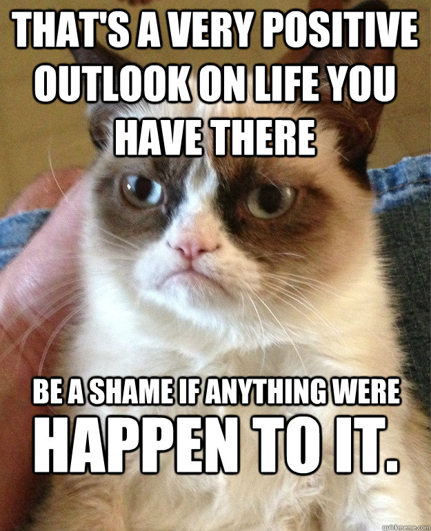 That's a very positive outlook on life you have there happen to it. Be a shame if anything were   Grumpy Cat