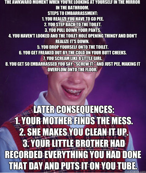 The awkward moment when you're looking at yourself in the mirror in the bathroom.
 Steps to embarrassment:
 1. You realize you have to go pee.
 2. You step back to the toilet.
 3. You pull down your pants.
 4. You haven't looked and the toilet hole openin  Bad Luck Brian