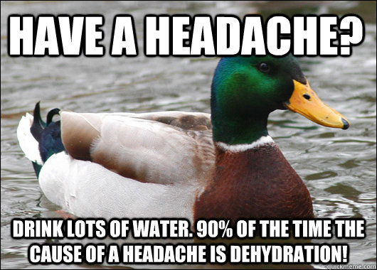Have a headache? Drink lots of water. 90% of the time the cause of a headache is dehydration! - Have a headache? Drink lots of water. 90% of the time the cause of a headache is dehydration!  Actual Advice Mallard