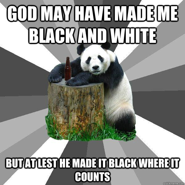 god may have made me black and white  but at lest he made it black where it counts   Pickup-Line Panda