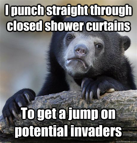 I punch straight through closed shower curtains To get a jump on potential invaders - I punch straight through closed shower curtains To get a jump on potential invaders  Confession Bear