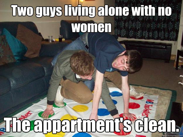 Two guys living alone with no women  The appartment's clean.   