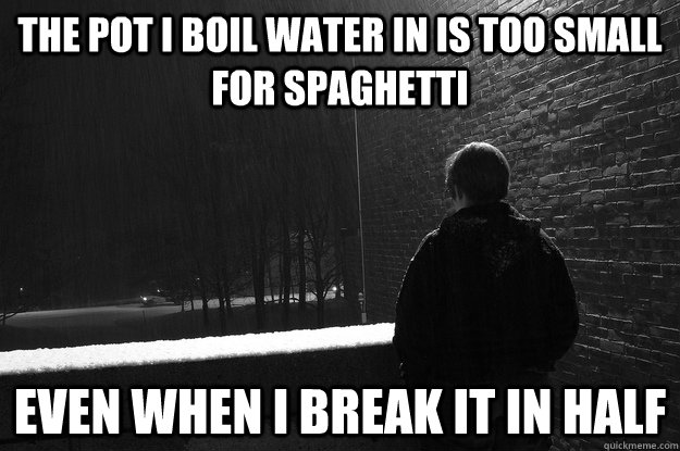 The pot I boil water in is too small for spaghetti even when i break it in half - The pot I boil water in is too small for spaghetti even when i break it in half  Single people problems