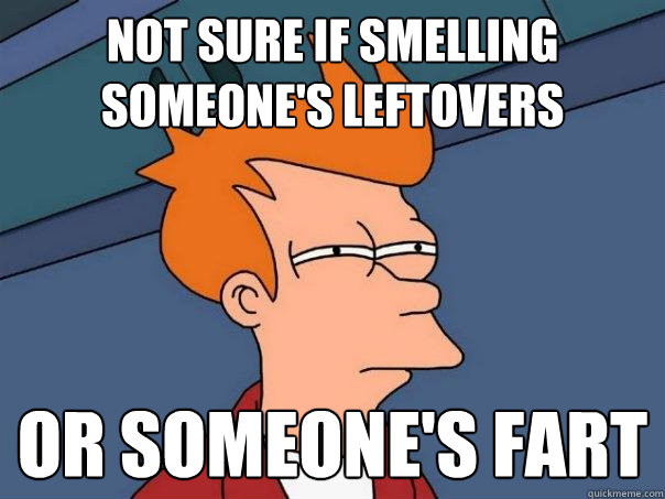 Not sure if smelling someone's leftovers or someone's fart  Futurama Fry