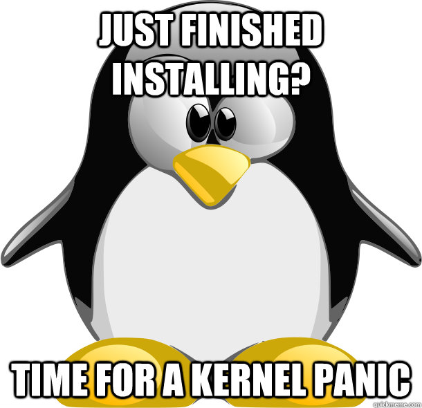 just finished installing? time for a kernel panic - just finished installing? time for a kernel panic  Scumbag linux install