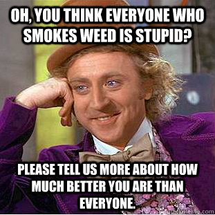 Oh, you think everyone who smokes weed is stupid? Please tell us more about how much better you are than everyone.  Condescending Wonka