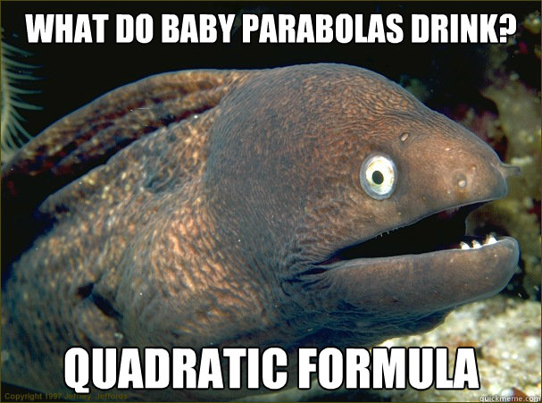 What do baby parabolas drink?  Quadratic formula  Bad Joke Eel