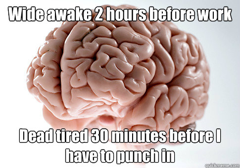 Wide awake 2 hours before work Dead tired 30 minutes before I have to punch in  - Wide awake 2 hours before work Dead tired 30 minutes before I have to punch in   Scumbag Brain