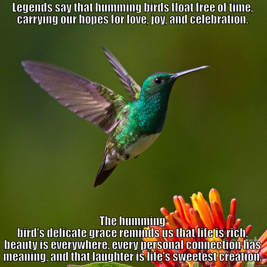 A Message From the Humming Bird. - LEGENDS SAY THAT HUMMING BIRDS FLOAT FREE OF TIME, CARRYING OUR HOPES FOR LOVE, JOY, AND CELEBRATION. THE HUMMING BIRD'S DELICATE GRACE REMINDS US THAT LIFE IS RICH, BEAUTY IS EVERYWHERE, EVERY PERSONAL CONNECTION HAS MEANING, AND THAT LAUGHTER IS LIFE'S SWEETEST CREATION. Misc