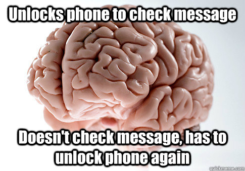 Unlocks phone to check message Doesn't check message, has to unlock phone again  Scumbag Brain