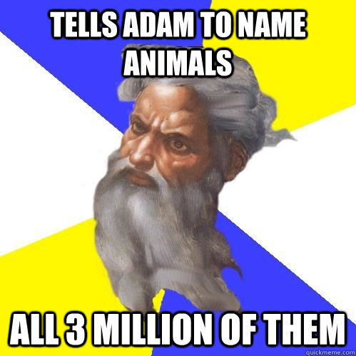 Tells adam to name animals all 3 million of them - Tells adam to name animals all 3 million of them  Advice God