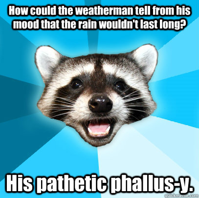 How could the weatherman tell from his mood that the rain wouldn't last long? His pathetic phallus-y. - How could the weatherman tell from his mood that the rain wouldn't last long? His pathetic phallus-y.  Lame Pun Coon