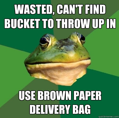 wasted, can't find bucket to throw up in use brown paper delivery bag - wasted, can't find bucket to throw up in use brown paper delivery bag  Foul Bachelor Frog