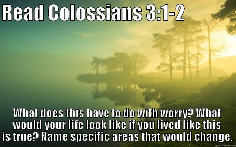 READ COLOSSIANS 3:1-2               WHAT DOES THIS HAVE TO DO WITH WORRY? WHAT WOULD YOUR LIFE LOOK LIKE IF YOU LIVED LIKE THIS IS TRUE? NAME SPECIFIC AREAS THAT WOULD CHANGE. Misc