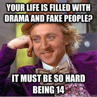 Your life is filled with drama and fake people? It must be so hard being 14 - Your life is filled with drama and fake people? It must be so hard being 14  Condescending Wonka