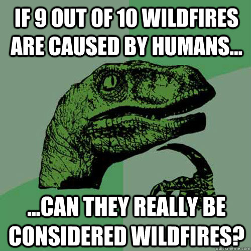 If 9 out of 10 wildfires are caused by humans... ...can they really be considered wildfires? - If 9 out of 10 wildfires are caused by humans... ...can they really be considered wildfires?  Philosoraptor