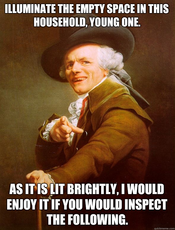 Illuminate the empty space in this household, young one.  As it is lit brightly, I would enjoy it if you would inspect the following.   Joseph Ducreux