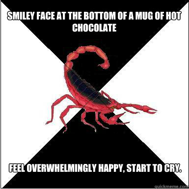 Smiley face at the bottom of a mug of hot chocolate  Feel overwhelmingly happy, start to cry.  Borderline scorpion